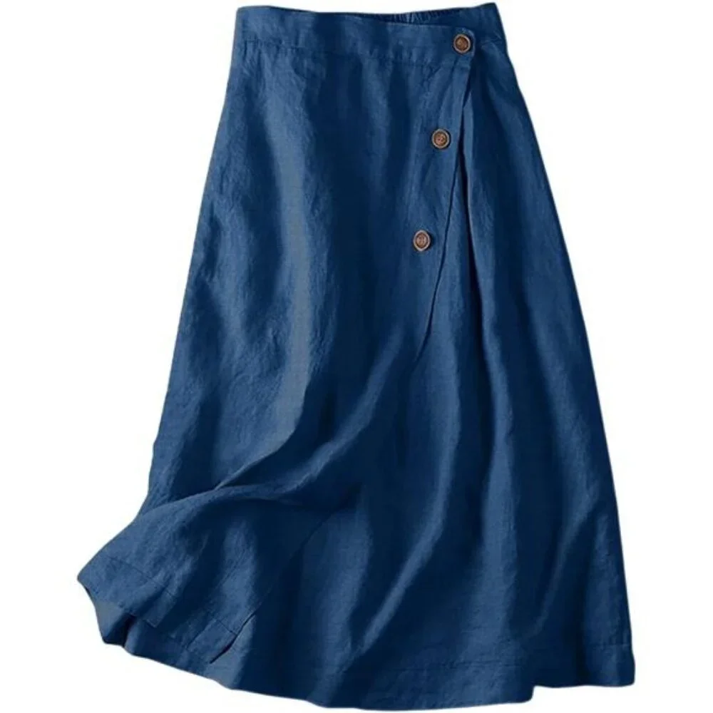 Women's Summer Linen Elastic Back Buttoned Swing Midi A Line Skirt, Navy